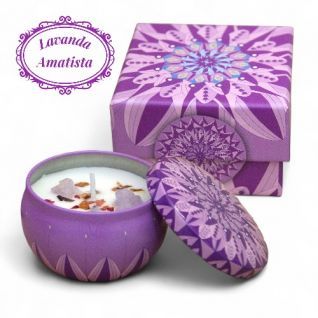 Vela lata con mineral Amatista-Lavanda